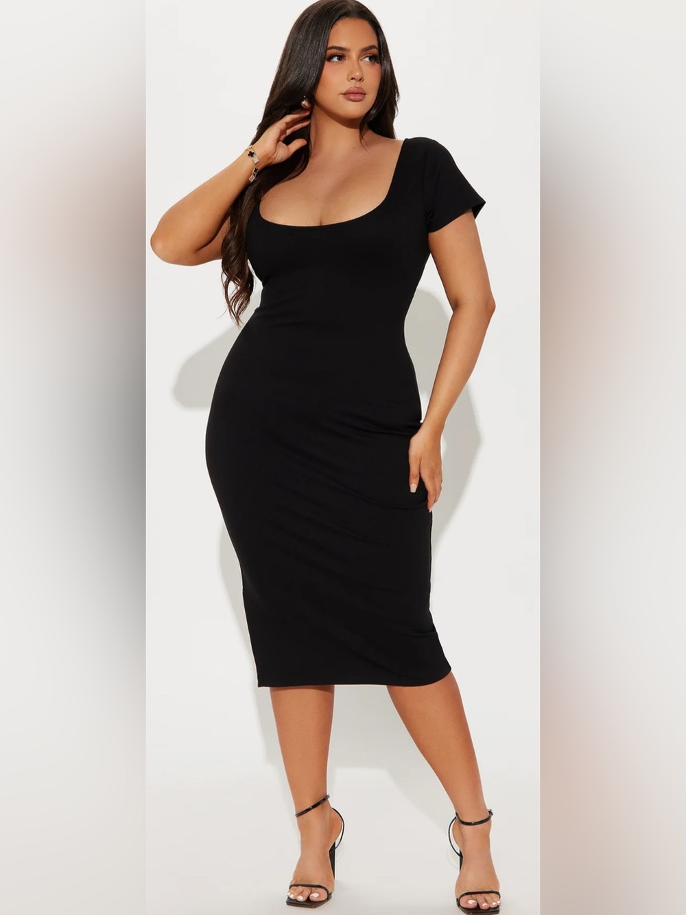 Black Short-Sleeve Bodycon Midi Dress - Sleek Women's Dress - Picture 4 of 6
